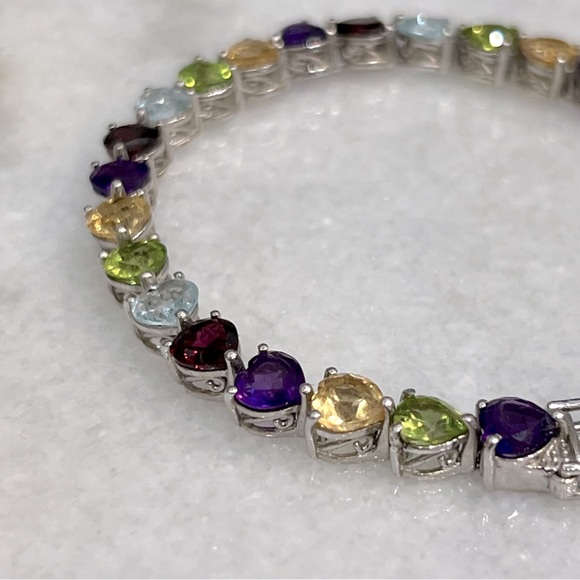 Multigemstone Sterling Silver Heart Tennis Bracelet - Picture 6 of 15